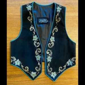 Patricia Wolf Texas suede leather vest M blue hand painted turquoise stones
